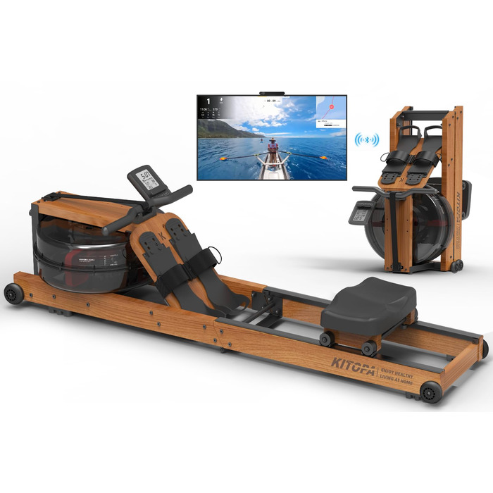 Дерев&39яний водний гребний тренажер Kitopa, складний домашній гребний тренажер з 30-денним членством у Kinomap, максимальний зріст користувача 2 м/160 кг, водний гребний тренажер з Bluetooth-дисплеєм та регульованим тримачем для телефону, коричневий