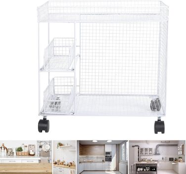 Розсувний органайзер для кошиків, мобільні полиці для зберігання, полиці для комори з поворотними на 360 градусів колесами, що блокуються, ідеально підходить для зберігання тарілок, мисок та посуду (білий)