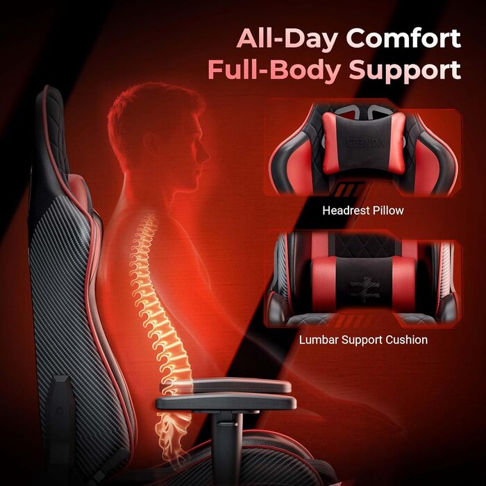 Ергономічне ігрове та офісне крісло seenda GCPro-10, безступеневе регулювання 145 з підставкою для ніг, суцільнометалевий каркас до 150 кг, 2D підлокітники, подушка для голови та попереку, чорно-сірий (чорний червоний)