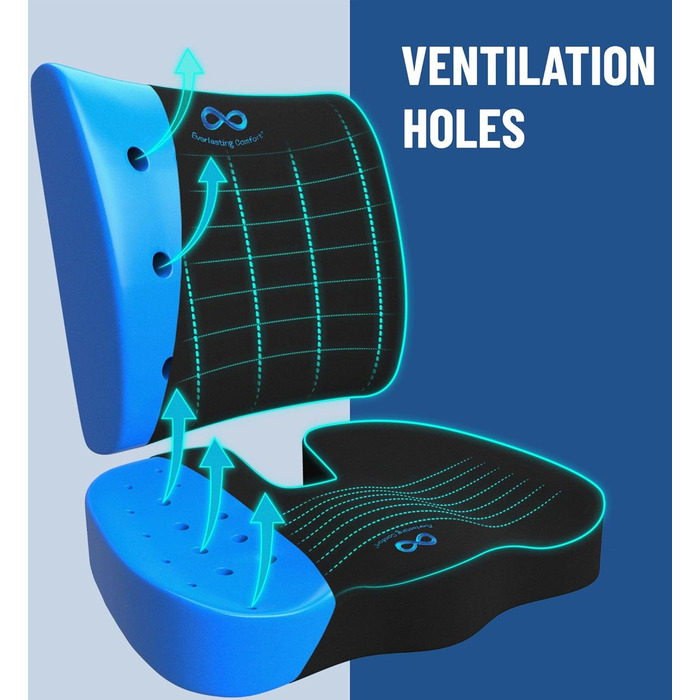 Комплект подушок для сидіння та спинки Everlasting Comfort Піна з ефектом пам&39яті з гелевим напиленням Ергономічна опорна подушка для офісного крісла, автомобіля та ігор Нековзка, дихаюча та мийна чорна гелева подушка з поперековою підтримкою