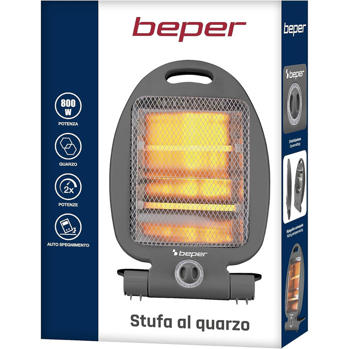 Кварцовий обігрівач BEPER P203PAN004, 400/800 Вт, швидкий нагрів, 2 рівні потужності, 2 нагрівальні елементи, еко-функція, автоматичне вимкнення, сірий, модель 2025