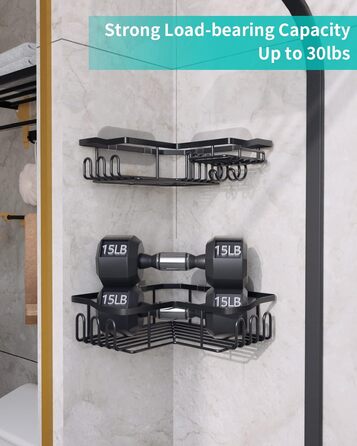 Душова полиця HapiRm, Душова полиця без свердління, Душова полиця кутова чорна з 11 гачками, мильниця і тримач для бритви, Душова