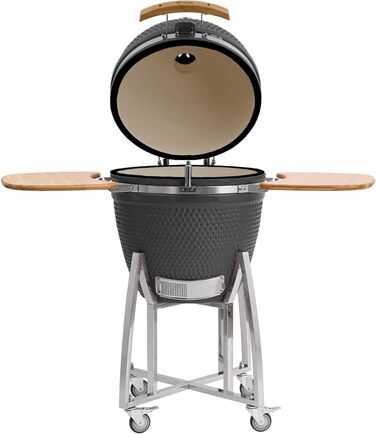 Гриль камадо Ø 52 см KURO, сірий вугільний гриль з бамбуковою полицею, термометром, дерев'яною ручкою, коліщатками керамічний грил