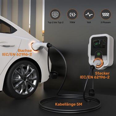 Кабель для зарядки Alxum Type 2 11kw & 16A-для гібридних і електричних автомобілів-3 фази 5 метрів кабель для зарядки від типу 2 до типу 2 з сумкою та тканиною з мікрофібри, IP55 водонепроникний кабель для зарядки електромобілів типу 2 до типу 2