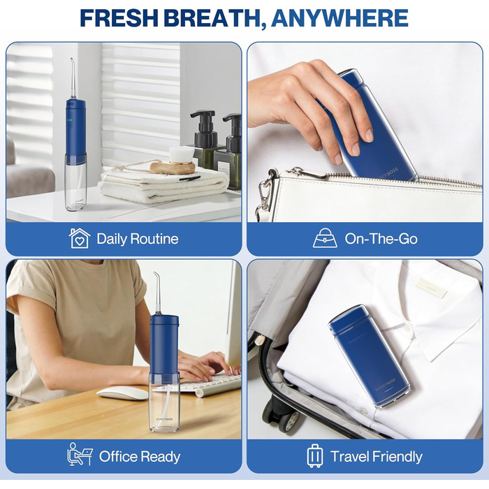 Портативний іригатор для зубів, 6 насадок у комплекті, USB-C зарядка, 3 режими тиску, ідеальний для подорожей (Колір Морський)