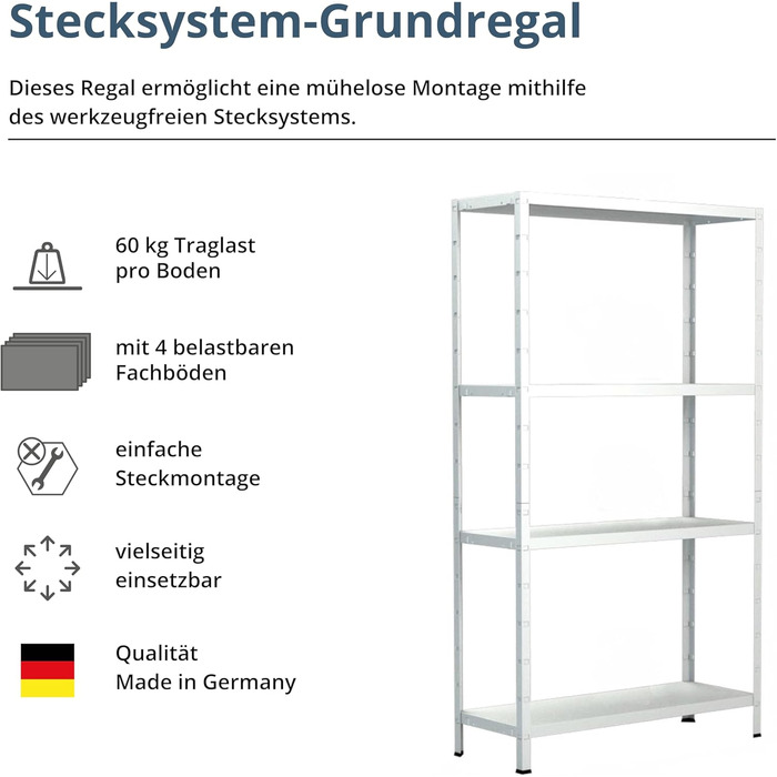 Стелаж SCHULTE з 4 полицями PowerMAX, вантажопідйомність 60 кг, 180x60x40 см (ВxШxГ), білий, полиця для зберігання, полиця для майстерні, полиця для підвалу, полиця для гаража, металева полиця, білий 180x60x40 см