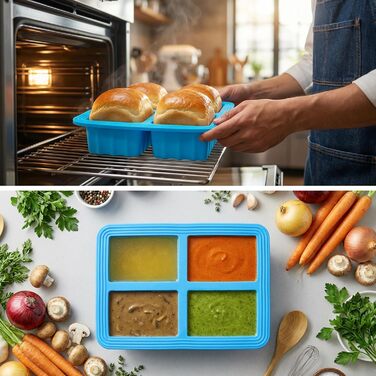 Контейнери для заморожування супів, 2 шт., силіконові кубики для супу з кришками, морозильна камера без бісфенолу А, лоток для кубиків льоду в морозильній камері для бульйону, соусу та льоду (синій)