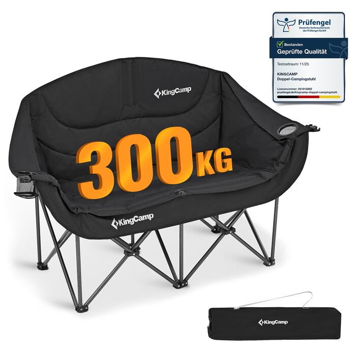 Розкладний кемпінговий диван KingCamp (до 300 кг), розкішне розкладне кемпінгове крісло для 2 осіб, м&39який кемпінговий диван з підлокітниками, подвійне кемпінгове крісло з високою спинкою, 1-, 2- та 3-місна кемпінгова лавка для саду або балкону (L - чор