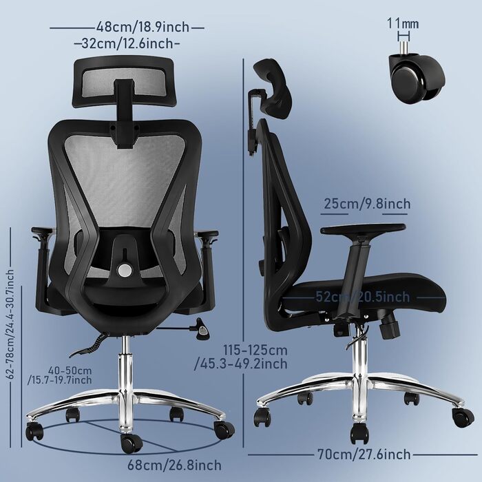 Ергономічне офісне крісло, робоче крісло з регульованою поперековою опорою для тривалого сидіння, функцією нахилу спинки (трирівневий механізм блокування) та регулюванням висоти, обертове крісло, сітчасте крісло, чорне офісне крісло