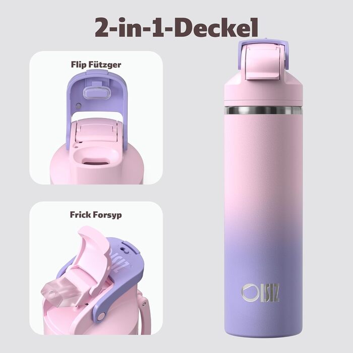 Ізольована пляшка для води OISIZ з нержавіючої сталі 720 мл з кришкою-трубочкою 2-в-1, захисним замком One Click, 100 герметична, зберігає напої холодними протягом 24 годин, вакуумна пляшка для води об&39ємом 24 унції для подорожей та спорту, фіолетовий к