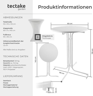 Розкладний стоячий стіл, бістро-стіл з кришкою, стіл Ø80 см, стоячий стіл зі стільницею з МДФ, розкладний садовий стіл, розкладний стіл, круглий, сталевий каркас, стабільний та міцний - білий, 1 стоячий стіл 1 стоячий стіл білий