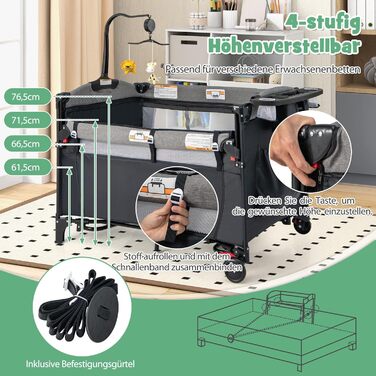 Дорожнє ліжечко 5 в 1 для немовлят, 120 x 60 см, приліжкове ліжко з матрацом та пеленальний столик, музичний мобіль та іграшки, дитяче ліжечко з регульованою висотою для немовлят від народження (темно-сірий)