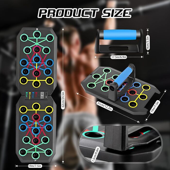 Дошка для віджимань, віджимання з ручкою та таймером відліку, складна багатофункціональна фітнес-дошка, дошка для тренувань віджимань з 2 еластичними канатами опору для тренування м&39язів та фітнесу