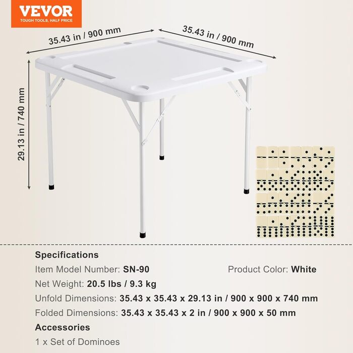 Стіл для маджонгу VEVOR, стіл доміно, складний картковий стіл для 4 гравців з 4 підставками для напоїв та 4 лотками для фішок, портативний ігровий стіл доміно з 1 набором доміно для маджонгу, покеру та головоломок, білий