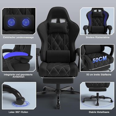 Ігрове крісло Devoko, ергономічна тканина з функцією масажу та підставкою для ніг, пружинна амортизація Pocket Spring, регулювання на 135, повітропроникне для домашнього офісу або ігрової кімнати, чорний колір