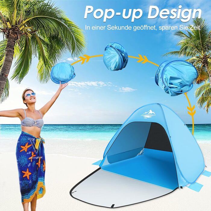 Розкладний пляжний намет для 2-3 осіб, автоматичний пляжний кемпінговий намет, захист UV50, портативний надлегкий пляжний намет для сімей, пляжний кемпінг, садовий з сумкою для перенесення, небесно-блакитний