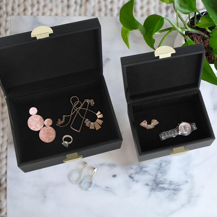 Шкатулки для ювелірних виробів HofferRuffer зі штучної шкіри, декоративні скриньки для зберігання, органайзери для аксесуарів із золотистою фурнітурою, класична чорна веганська шкіра, набір з 2 шт.