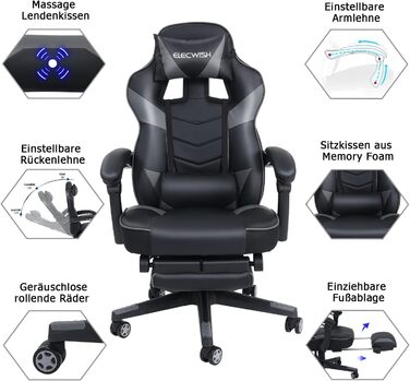 Ігрове крісло Fullwatt, ергономічне офісне крісло для гонок з функцією масажу, підставка для ніг, регульована спинка 90-150, знімний підголівник та поперекова опора, шкіра штучна, сірий та чорний, для дорослих