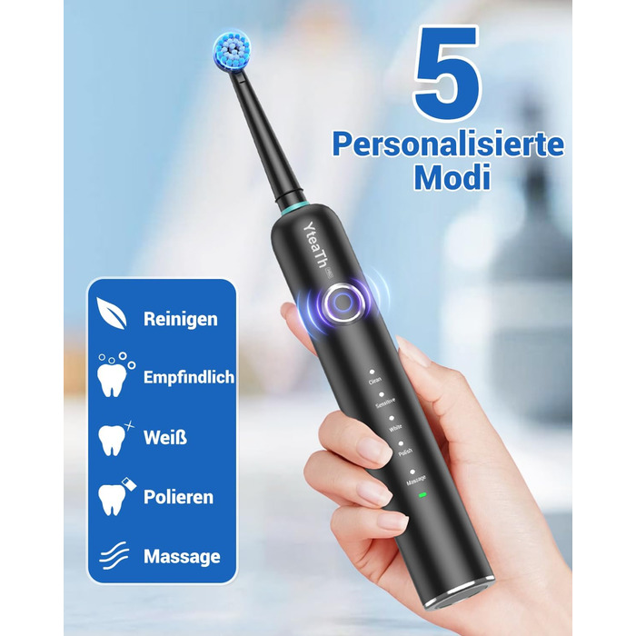 Обертова електрична зубна щітка для дорослих і дітей з 8 насадками, електрична зубна щітка з настінним тримачем та зарядною станцією, 5 режимів чищення та дорожній футляр, 60 днів роботи від акумулятора (Чорний)