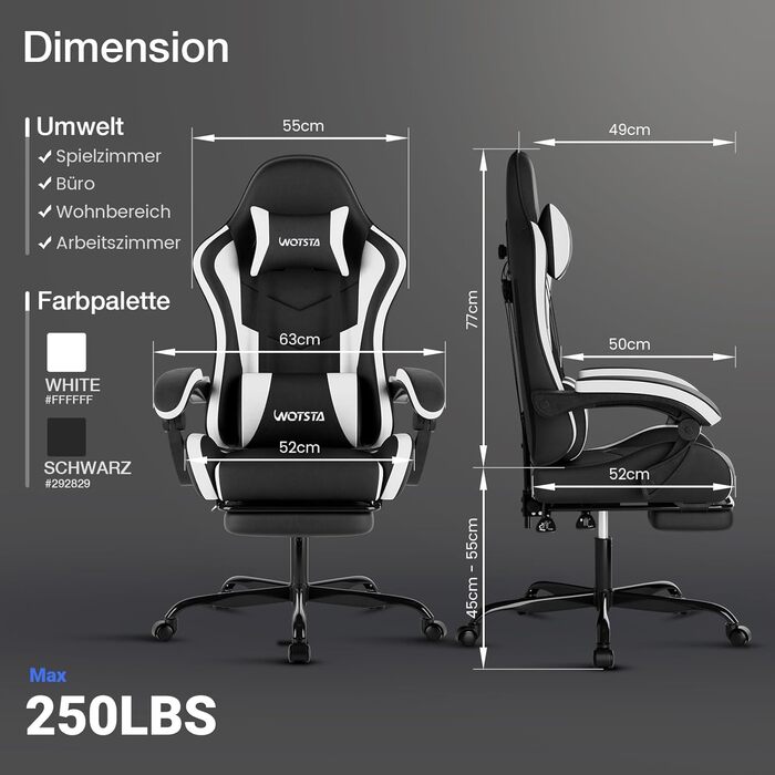 Ігрове крісло, Комп&39ютерне крісло, Ергономічне ігрове крісло з підставкою для ніг, Офісне крісло, Ергономічне комп&39ютерне крісло з поперековою опорою (BLKWT), Чорний/Білий