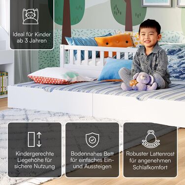 Дитяче ліжко Bellabino Vils 90x200 см Ліжко для малюків, що розкладається до 90x190 см, із захистом від падіння та рейковою основою Дитяче ліжко Монтессорі з масиву сосни білого кольору для хлопчиків та дівчаток. Біле з гостьовим ліжком (матрац не входить