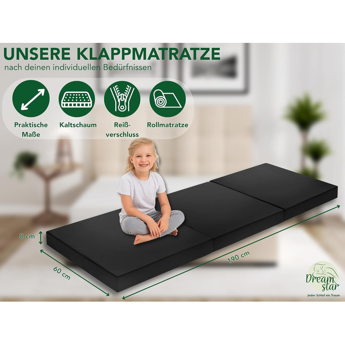 Матрац DREAMSTAR Easy Night Folding 3-секційний складний гостьовий матрац Можна прати Ортопедичні подушки Сертифіковано Oeko-TEX 60 x 190 см