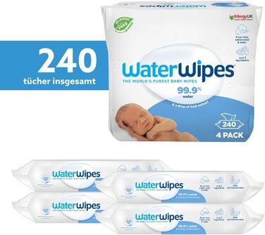 Оригінальні очищувальні серветки WaterWipes Plastic Free для немовлят, 720 шт. (12 упаковок), 99,9 очищувальні серветки на водній основі, без запаху для чутливої шкіри (240 шт. (4 упаковки))