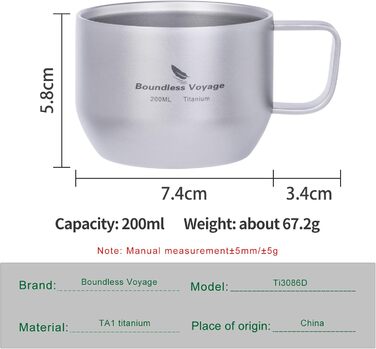 Мл титанова чашка для еспресо, двостінна кружка для лате, капучино, какао, металева чашка для чаю, для кемпінгу на свіжому повітрі, для подорожей, надлегка, міцний посуд для напоїв (титановий колір Ti3086D), срібляста, 200