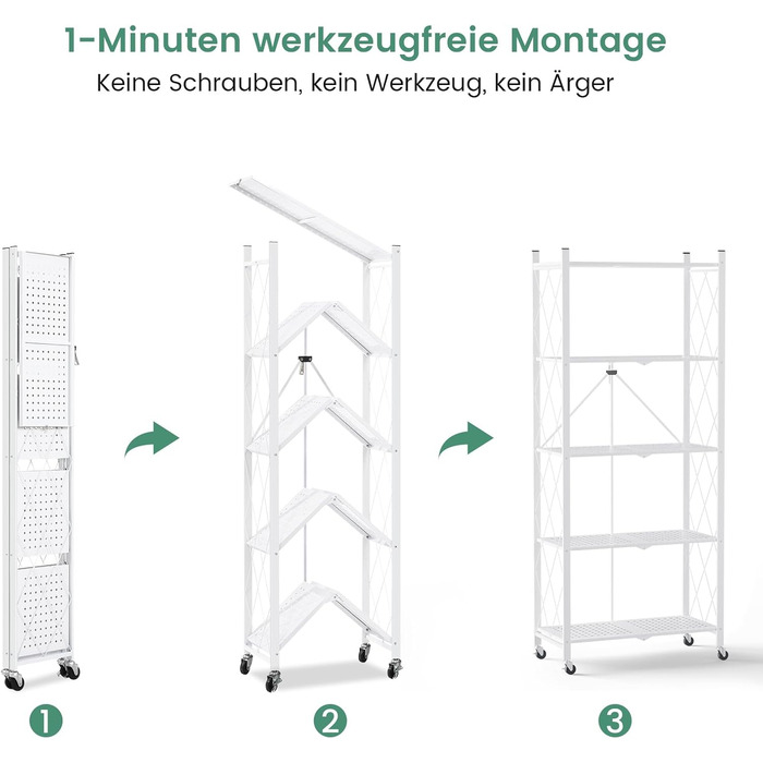Складана полиця ALANNG на колесах - Окремостояча полиця з 5 полицями, Металева книжкова полиця - Міцна та без складання - Для кухні, вітальні, підвалу, офісу - Біла 154 x 62 x 29,5 см