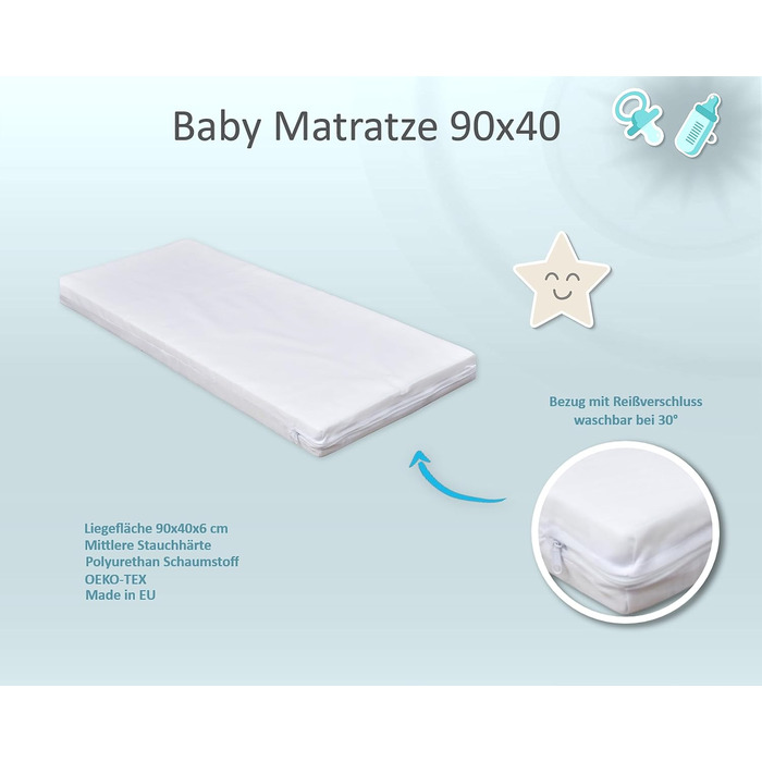 Дитяче ліжечко, біле, 90x40 см, дитяче ліжко/колиска, регульована по висоті, мобільне з колесами та матрацом