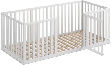 Дитяче ліжко CADANI Teso 90x200 см Ліжко-ліжко Монтессорі з дверцятами та захистом від падіння, 6 варіантів складання, масив сосни білого кольору, можна використовувати як манеж, вкл. рейкову основу 90 x 200 см білого кольору з дверцятами