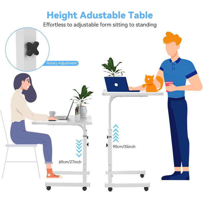 Стіл для ноутбука 60x40 см з колесами, регульована висота 69-90 см, письмовий стіл, комп&39ютерний стіл, мобільний стоячий стіл, столик над ліжком, поворотна стільниця на 360, бічний столик для дивана, білий 60x40 см C-white
