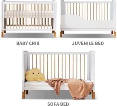 Дерев&39яне дитяче ліжечко 3-в-1, трансформоване дитяче ліжечко, 3 регульовані положення основи ліжка, матрац Deluxe Aloe Vera у комплекті, від народження до 6 років (без матраца 120X60 см)