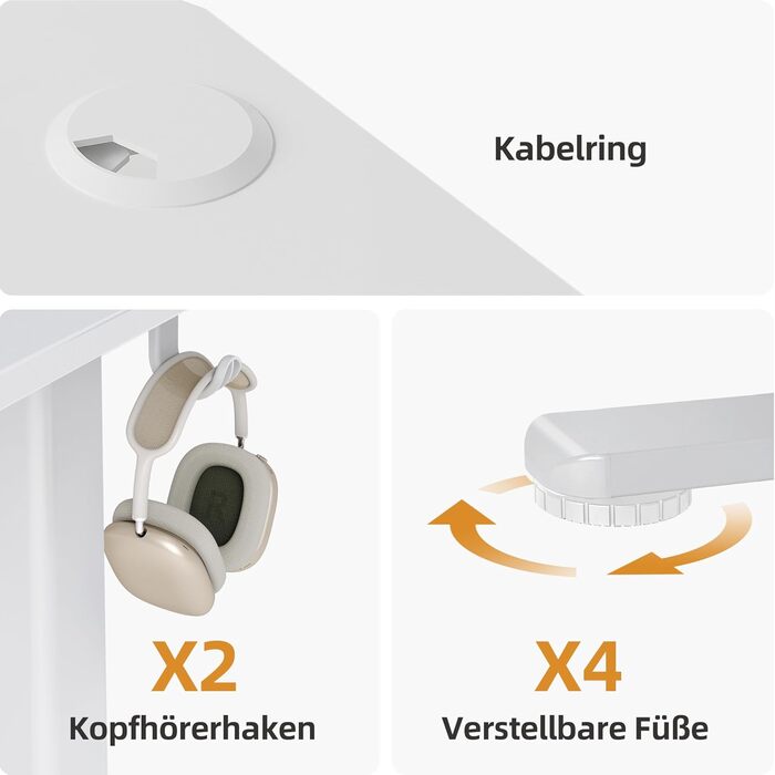 Стіл Claiks з регульованою висотою 120x60 см, стіл з електричним регулюванням висоти, стіл для роботи сидячи/стоячи з 2 гачками та 3 функціями пам&39яті, регульований комп&39ютерний стіл для роботи стоячи, стіл для роботи стоячи, білий 120 x 60 см