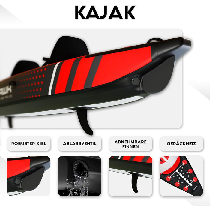 Надувний човен, Каное, Каяк для пригод 385 x 85 см, В комплекті сумка, насос, сидіння, весло зі скловолокна, 385 Red