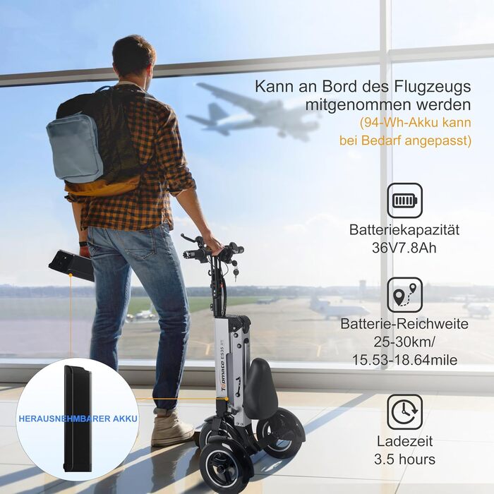 Електричний триколісний велосипед TopMate ES35 для дорослих із сидінням, легкий електричний триколісний велосипед зі знімним акумулятором 36 В 7,8 Аг, функцією реверсу та ключем-перемикачем для поїздок на роботу та подорожей