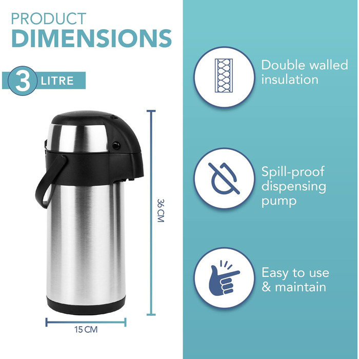 Термокавник для кави 3-літровий з нержавіючої сталі Airpot з помпою. Двостінний ізоляційний, герметичний кавник для кави та чаю з поворотною основою на 360, ручкою для перенесення, запобіжним замком, знімний.