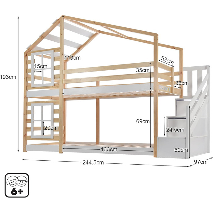 Дитяче двоярусне ліжко LATICO з шухлядою та поручнями, соснове ліжко-будиночок для дітей з драбиною, 2 рейкові основи, натуральний та білий - 244,5 x 96 x 193 см (Ш/В/Г), матрац не входить до комплекту, натуральний колір з шафками