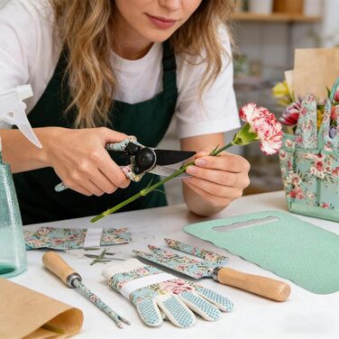 Набір садових інструментів 10 в 1, міцні садові ручні інструменти з нержавіючої сталі з сумкою для зберігання секатор, садова лопатка, рукавички, культиватор та інше. Ідеальний подарунок для садівників (квітковий візерунок)