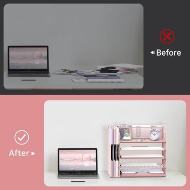 Органайзер для столу з тримачами для файлів, 5 рівнів, органайзер для столу з 3 тримачами для ручок, лотком для паперу та листів для офісу, дому, організації та зберігання, рожевий