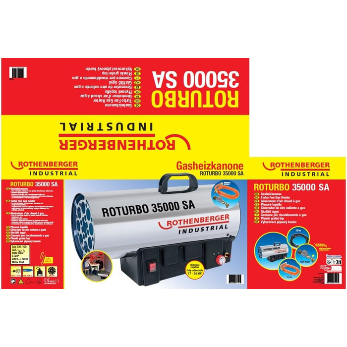 Промисловий газовий обігрівач/нагрівальна гармата Rothenberger з п&39єзоелементом, шлангом, регулятором, захистом від розриву шланга RoTurbo 35000SA 1000C Регульований Включає Bluetooth-динамік, час роботи до 30 годин RoTurbo 35000 з регульованою функцією