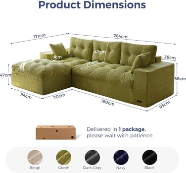 Диван MAXYOYO з функцією сну, кутовий диван L-подібної форми, вельветова тканина, 264x171 см, вельветовий диван, вітальня, розкладний диван з пуфом, універсальний, легко чиститься та підходить для домашніх тварин, не потребує складання (світло-зелений)