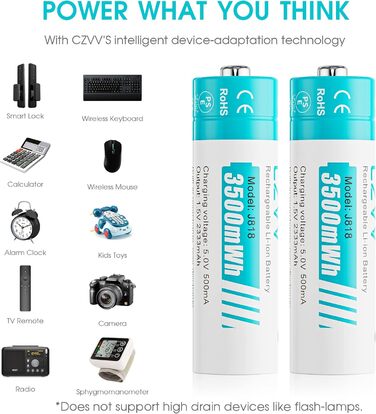 Акумуляторні літієві батарейки типу АА 1,5 В - Висока ємність 3500 мВтгод - 1300 циклів зарядки - 8 батарейок із зарядним пристроєм, швидка зарядка за 2 години, постійна потужність, низький саморозряд, 8 шт. зарядний пристрій, білі