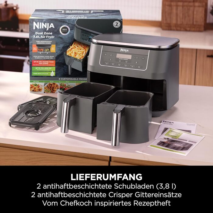 Цифрова аерофритюрниця Ninja Dual Zone, 7,6 л, 6-в-1, металік