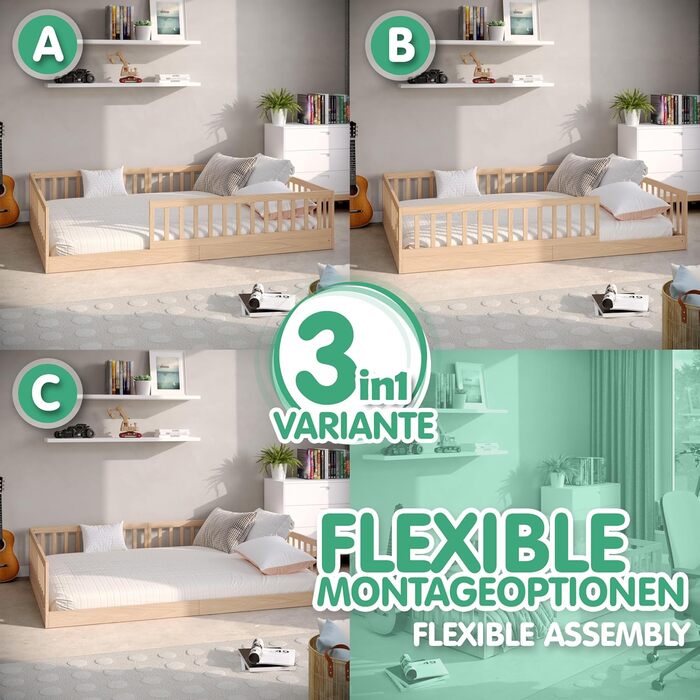 Дитяче ліжко CADANI Timi 140x200 см, підлогове ліжко, знімні захисні поручні, вантажопідйомність до 200 кг, висувна рейкова основа, ліжко Монтессорі з масиву сосни, 3 варіанти складання, трансформоване, натуральний колір 140 x 200 см