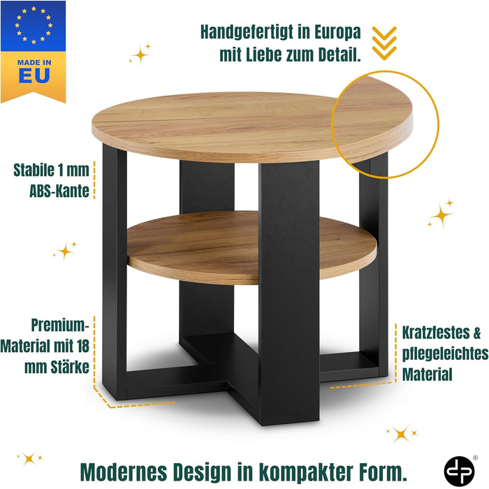Круглий дубовий журнальний столик Ø53 см - Невеликий журнальний столик з полицею - 2 яруси, круглий сучасний журнальний столик в промисловому дизайні - Зроблено в ЄС Чорний та дубовий Діаметр 53 см