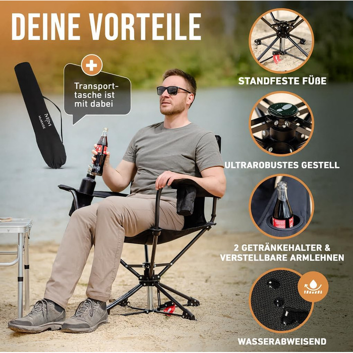 Складаний кемпінговий стілець, чорний, до 150 кг, із задньою кишенею для подушки або грілкової пляшки, обертається на 360