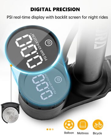 Велосипедний насос VOGORA, підлоговий, 16.5 дюймів (~42 см), 11 бар / 160 PSI, інтегрований циліндр (сталь), чорний