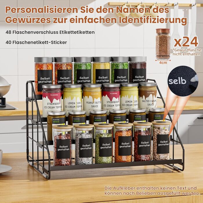 Рівнева стійка для спецій - регульована по висоті (2/3/4 рівні) та не потребує свердління - чорна металева стійка для спецій з S-подібними гачками та етикетками - органайзер для спецій для кухні, шафи, ванної кімнати, 1 упаковка, 4-