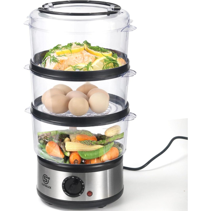 Електрична парогенератор SUPERLEX 7,5 л з 3 контейнерами для пароварки та кришкою Можна мити в посудомийній машині, таймер з паровим двигуном на 60 хвилин, автоматичне вимкнення, без бісфенолу А